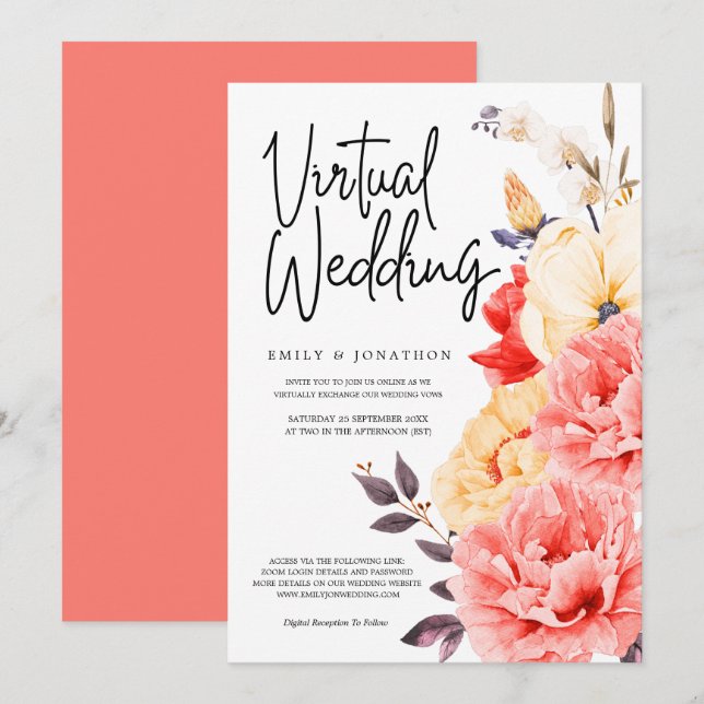 Peonies Magnolia Watercolor Floral Virtual wedding Invitation (Front/Back)
