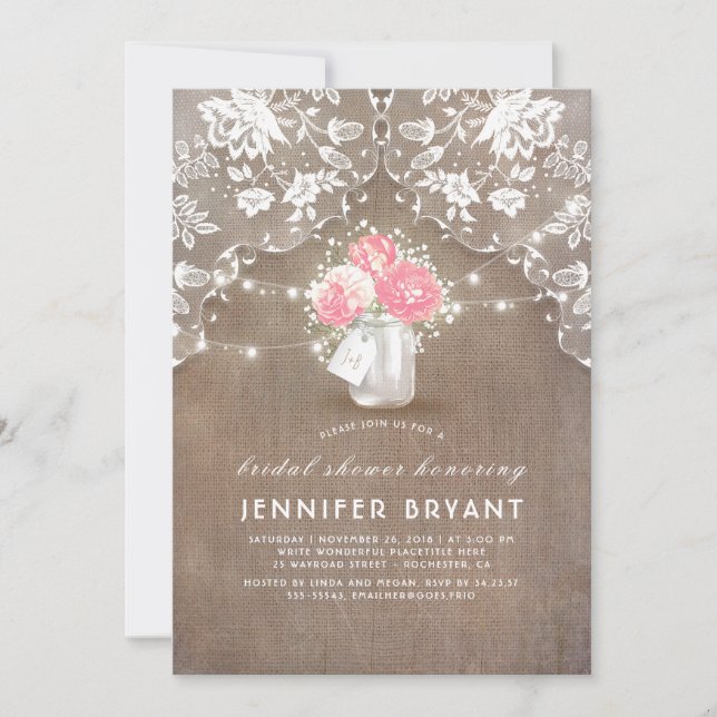 Peonies Mason Jar Lace and Burlap Bridal Shower Invitation (Front)