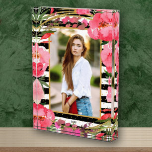 Peonies on Black White Stripes Gold Dots Custom Photo Block