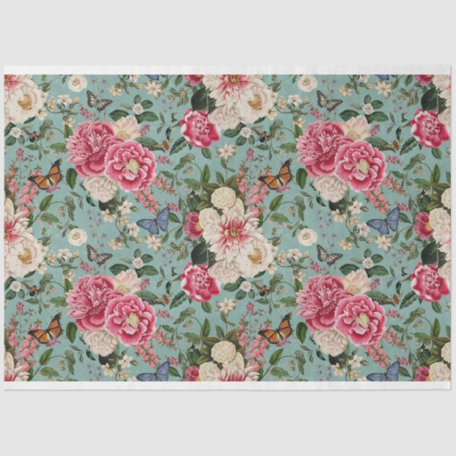 Peonies on woven aqua background tissue paper (Front)