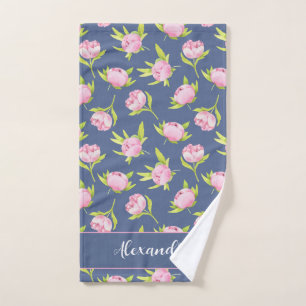 Peonies Pattern with Custom Name Round Pillow Bath Towel Set