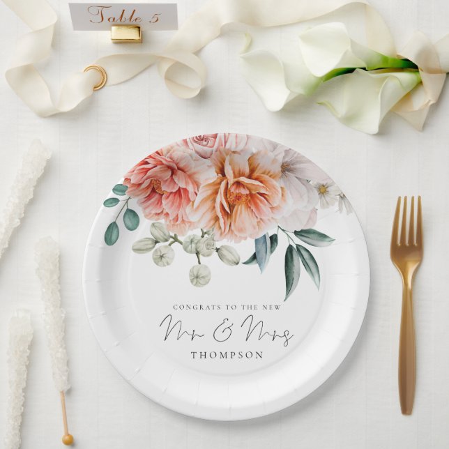 Peonies Peach Coral Congrats Mr Mrs Wedding  Paper Plate (Wedding)