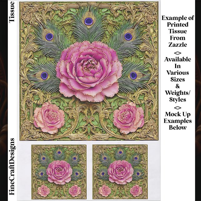 Peonies & Peacock Feathers Panel EH7 Decoupage Tissue Paper (Creator Uploaded)