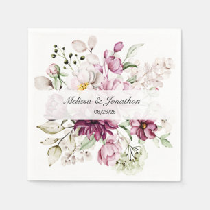 Peonies Pink Burgundy Floral Romantic Wedding Napkin
