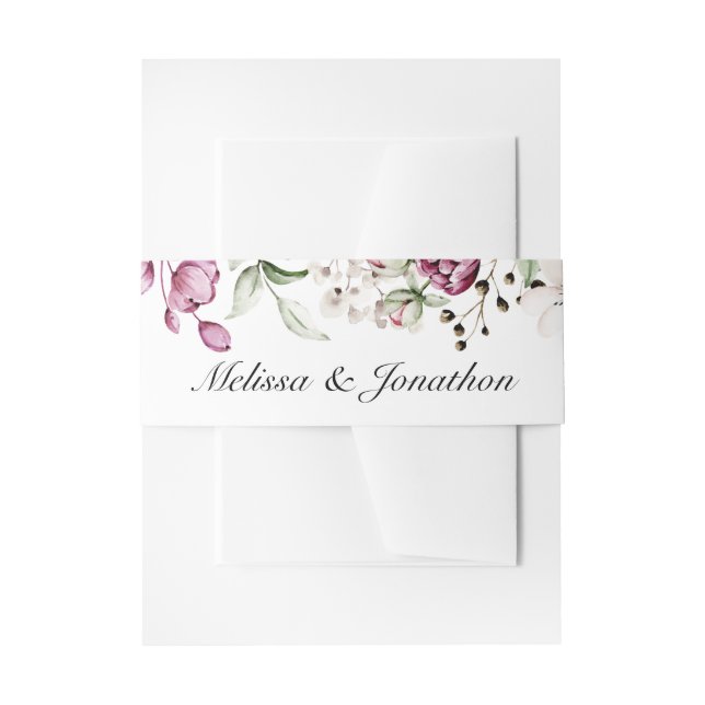 Peonies Pink Burgundy Floral Wedding Invitation Belly Band (Front Example)