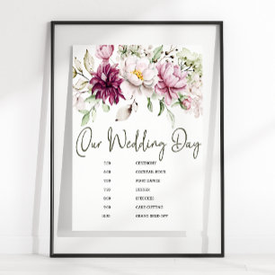 Peonies Pink Burgundy Floral Wedding Schedule Sign