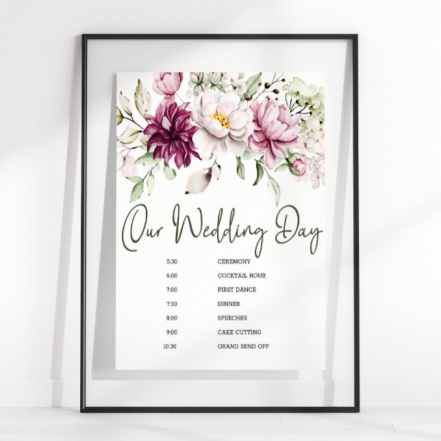 Peonies Pink Burgundy Floral Wedding Schedule Sign (Creator Uploaded)