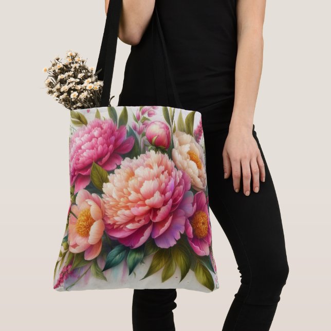 Peonies Pink Floral Large Tote Bag (Close Up)