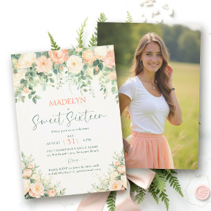 Peonies Pink Peach Script Elegant Photo Sweet 16 Invitation