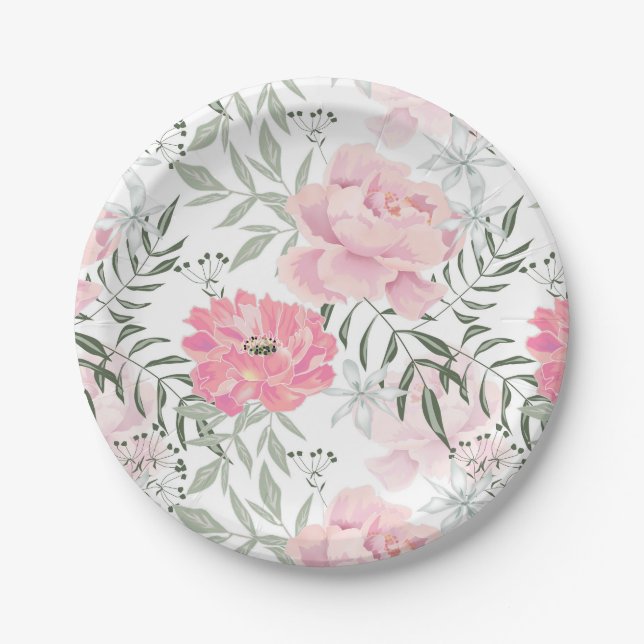 Peonies pink rose flowers flower garden bouquet paper plate (Front)