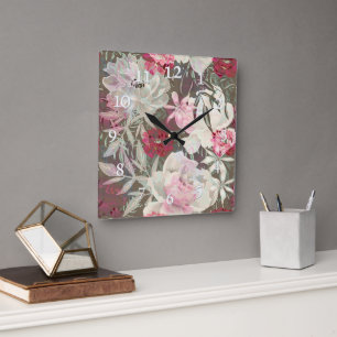Peonies pink rose flowers flower garden bouquet square wall clock