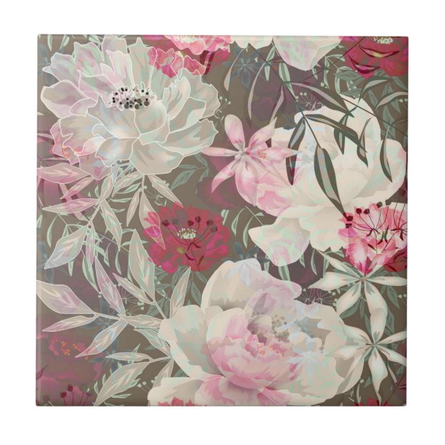 Peonies pink rose flowers flower garden bouquet  tile (Front)