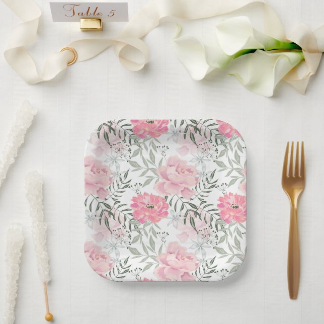 Peonies pink rose flowers paper plate (Wedding)