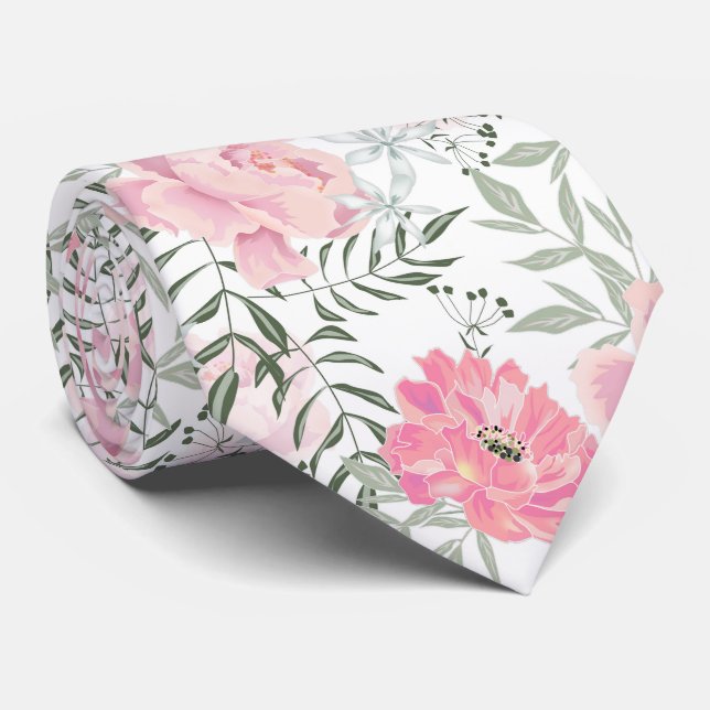 Peonies pink rose flowers personalised tie (Rolled)
