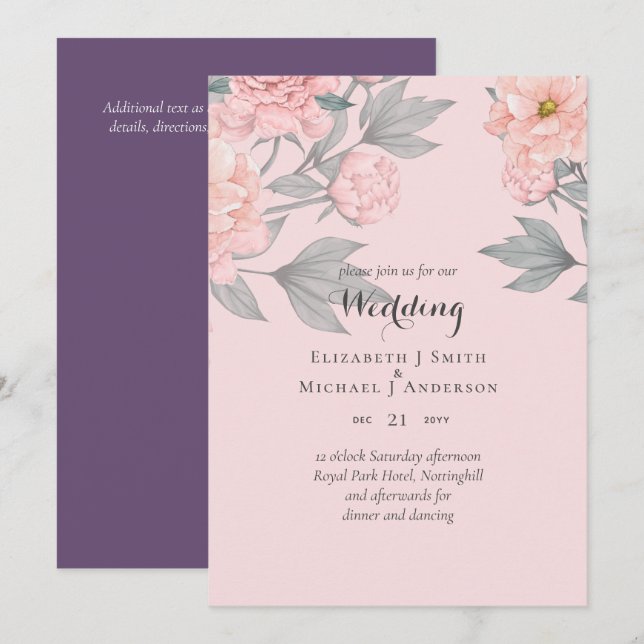 PEONIES Pink Sage Peach Wedding BUDGET Invite (Front/Back)