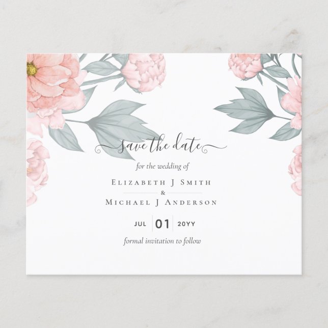 PEONIES Pink Sage Peach Wedding BUDGET Save Dates Flyer (Front)