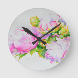 Peonies, pink, white, floral watercolor painting round clock
