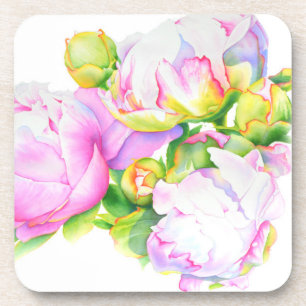 Peonies, pink, white, watercolor floral painting coaster