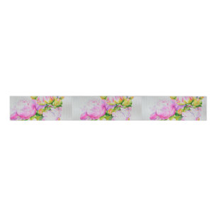 Peonies, pink, white, watercolor floral painting grosgrain ribbon