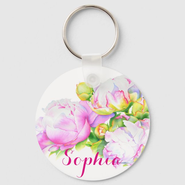 Peonies, pink, white, watercolor floral painting key ring (Front)