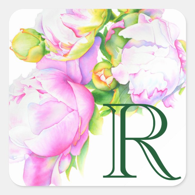 Peonies, pink, white, watercolor floral painting square sticker (Front)