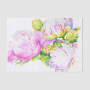Peonies, pink, white, watercolor floral painting tissue paper