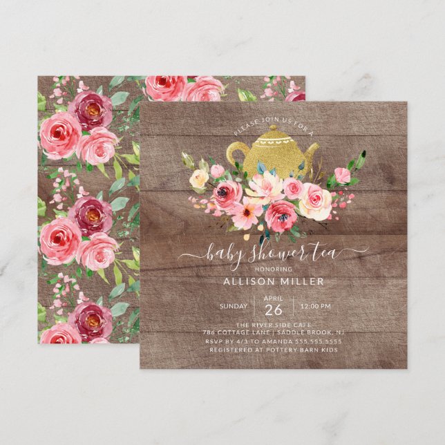 Peonies Rose Floral Baby Shower Tea Invitation (Front/Back)