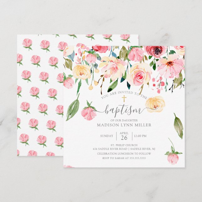 Peonies Rose Floral Baptism Invitation (Front/Back)