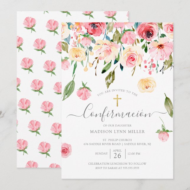 Peonies Rose Spanish Confirmation Invitation (Front/Back)