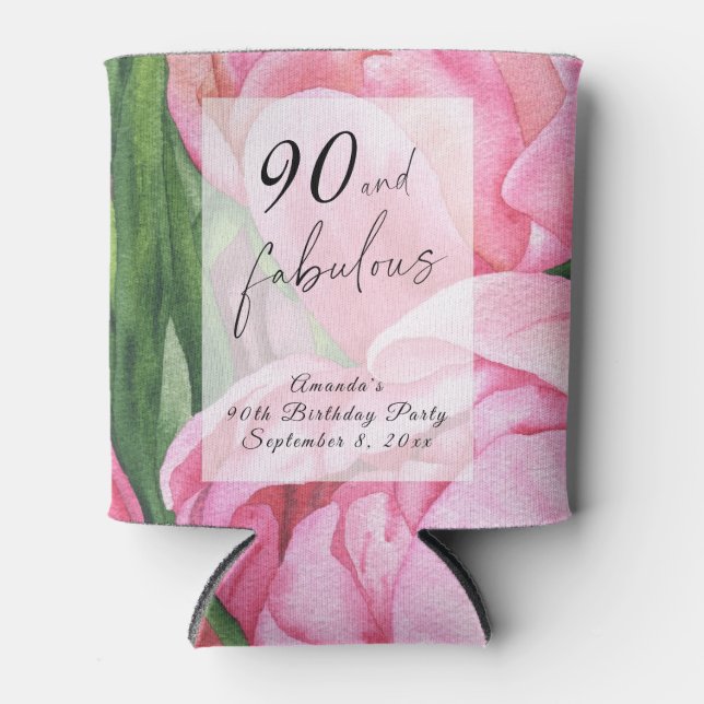 Peonies Roses 90th Birthday Party  Can Cooler (Front)