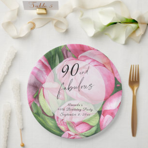 Peonies roses 90th Birthday Party  Paper Plate
