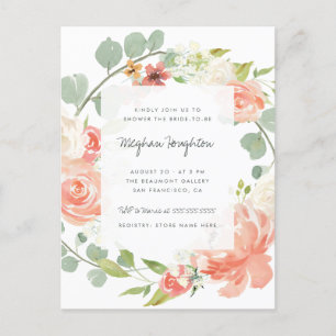 Peonies, Roses & Eucalyptus Wreath Bridal Shower Invitation Postcard
