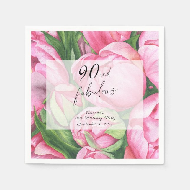 Peonies Roses Floral 90th Birthday Party  Napkin (Front)