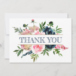 Peonies Roses Pink & Navy Watercolor Wedding Thank You Card