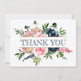 Peonies Roses Pink & Navy Watercolor Wedding Thank You Card