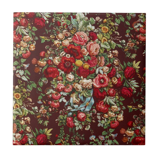 Peonies & Roses,Vintage Chintz Floral Pattern Tile (Front)