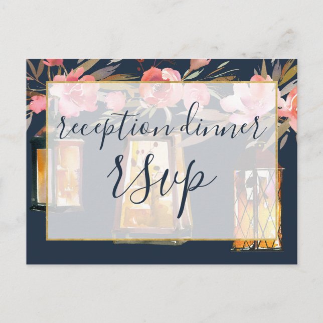 Peonies Rustic Navy Coral Floral Reception Dinner Invitation Postcard (Front)