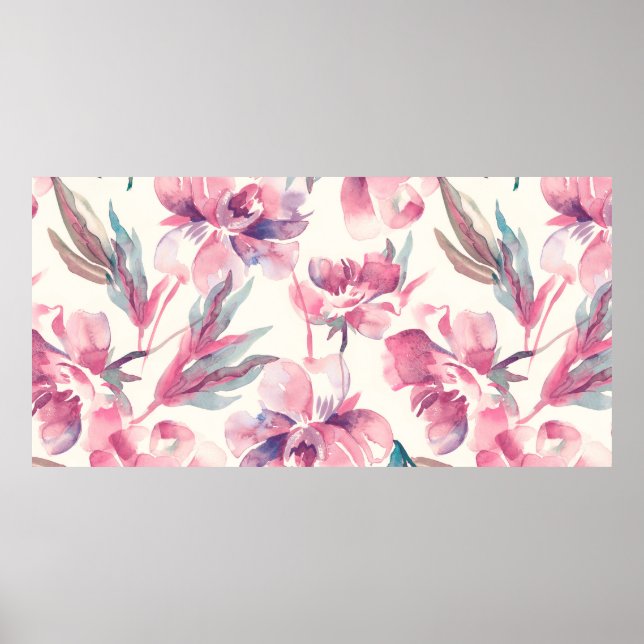 Peonies Seamless Pattern. Watercolor Background.  Poster (Front)