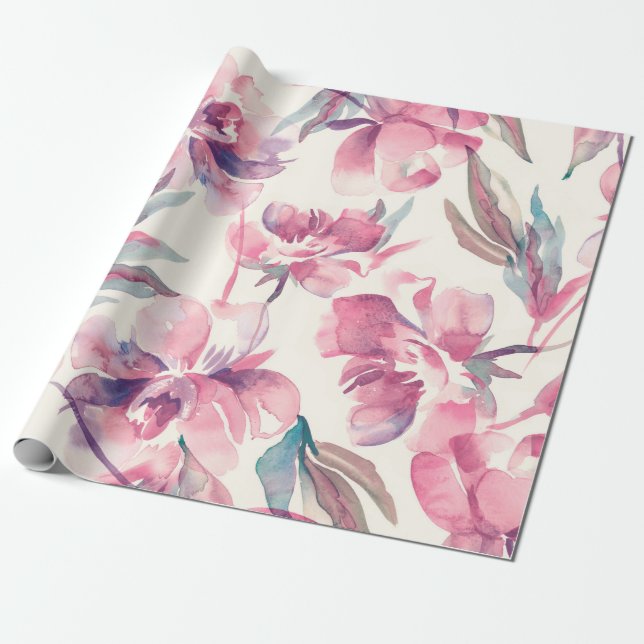 Peonies Seamless Pattern. Watercolor Background.  Wrapping Paper (Unrolled)