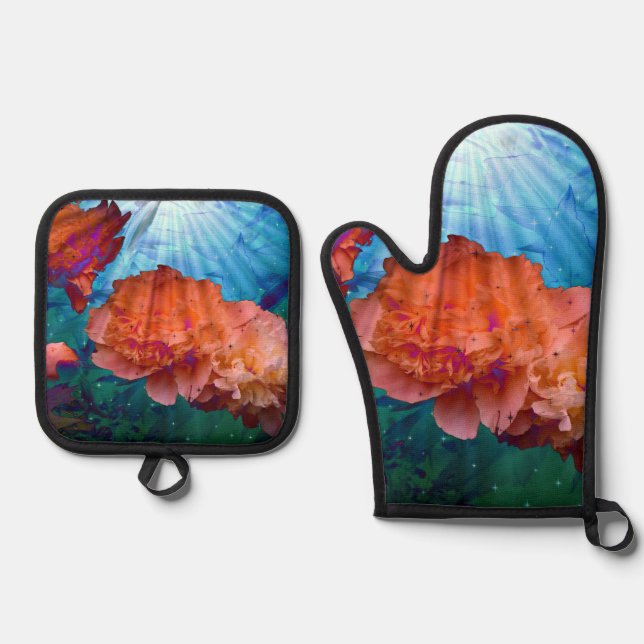Peonies Under Water Oven Mitt & Pot Holder Set (Front)