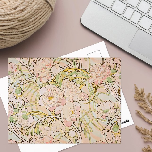 Peonies Watercolor Alphonse Mucha Postcard (Creator Uploaded)