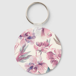 Peonies watercolor: seamless floral background. key ring