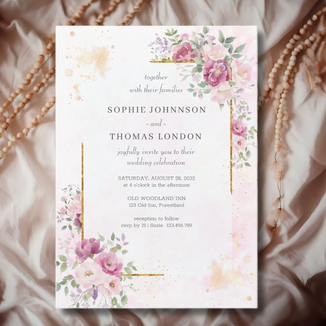 Peonies with gold frame wedding invitation (Creator Uploaded)