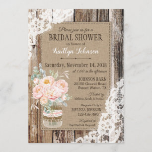Peonies Wood Lace Rustic Bridal Shower Invitation