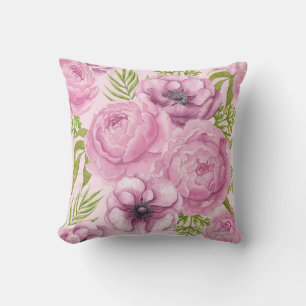 Peony and anemone flowers watercolor cushion