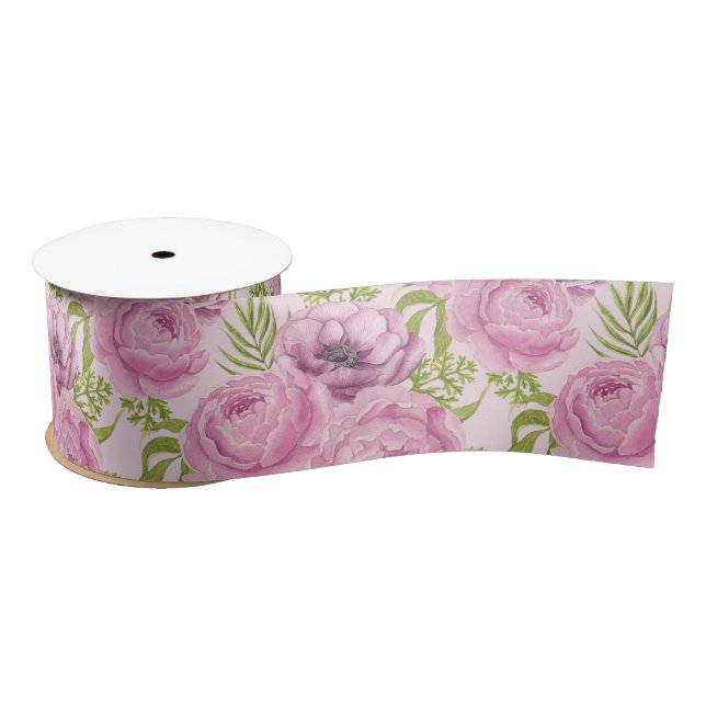 Peony and anemone flowers watercolor satin ribbon (Spool)