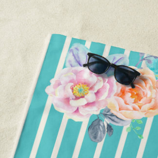 Peony and Butterfly Turquoise Stripes and Initial Beach Towel