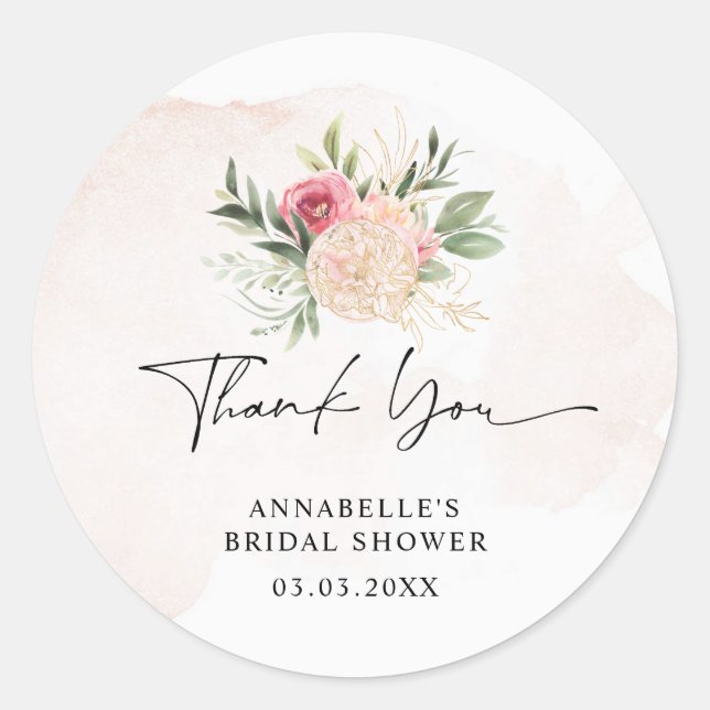 Peony and Gold Bloom Bridal Baby Shower Sticker (Front)