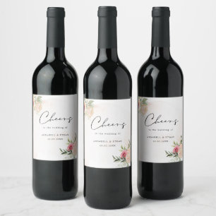 Peony and Gold Bloom Cheers Wedding Wine Label