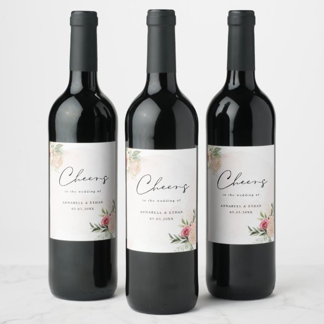 Peony and Gold Bloom Cheers Wedding Wine Label (Bottles)